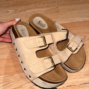 Beige Double Buckle Slide Sandals- SHEIN